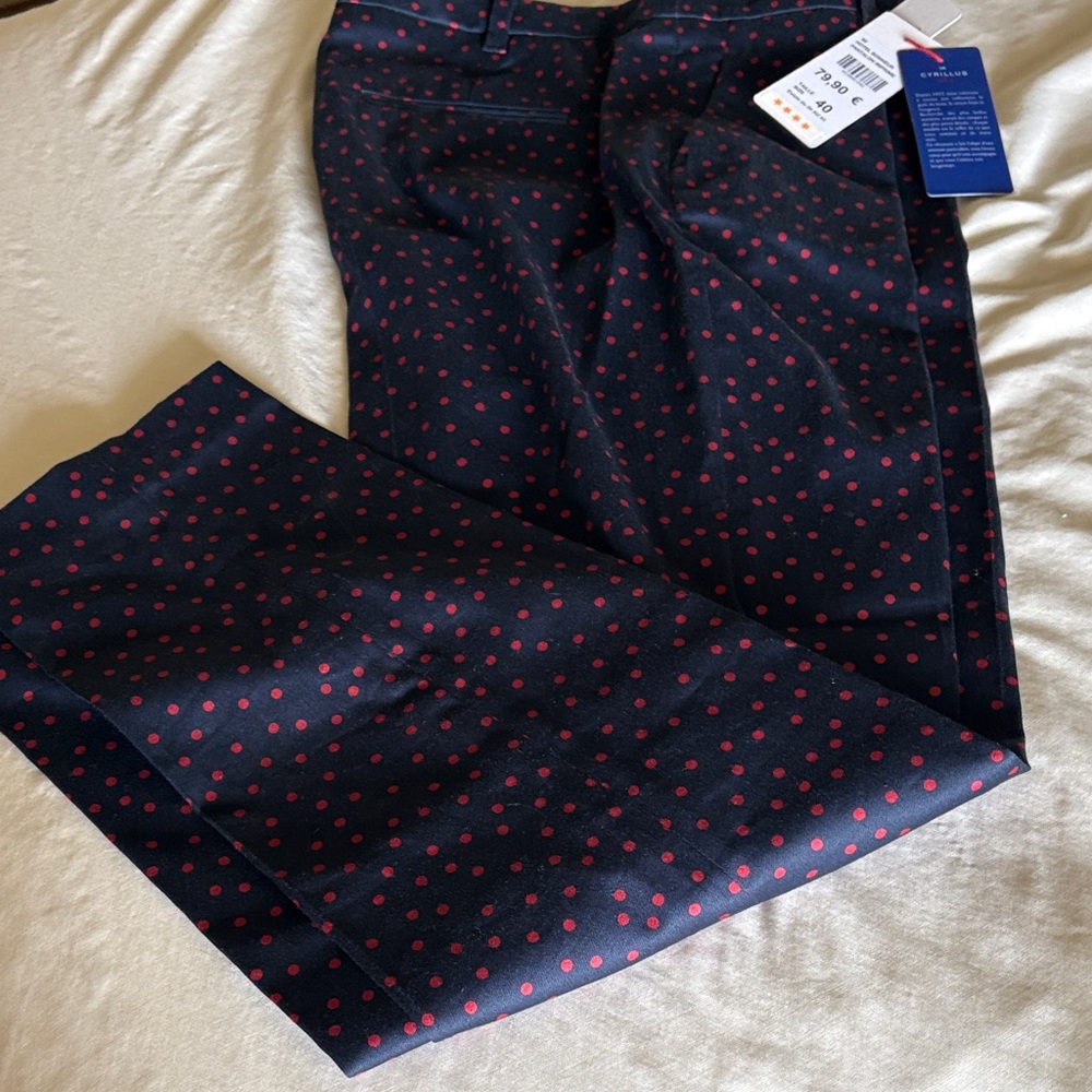 Cyrillus Navy Chinos with Red Pokadots